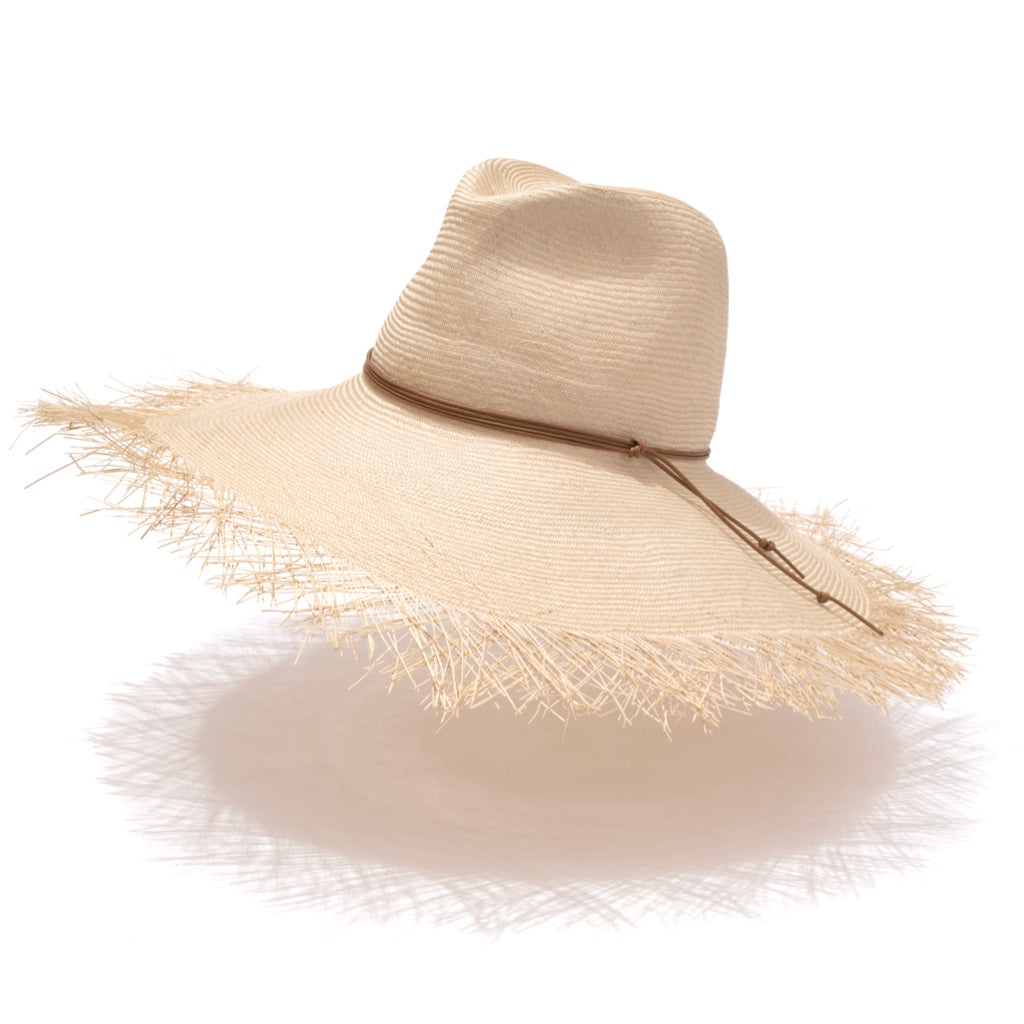 ladies wide brimmed straw sun hat with island frayed edge  